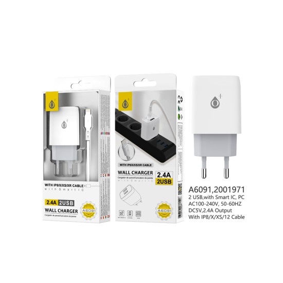 ADAPTADOR DE CARREGADOR ONEPLUS A6091 BL COM 2 PORTAS USB DE RECONHECIMENTO INTELIGENTE 2.4A MÁX. BRANCO